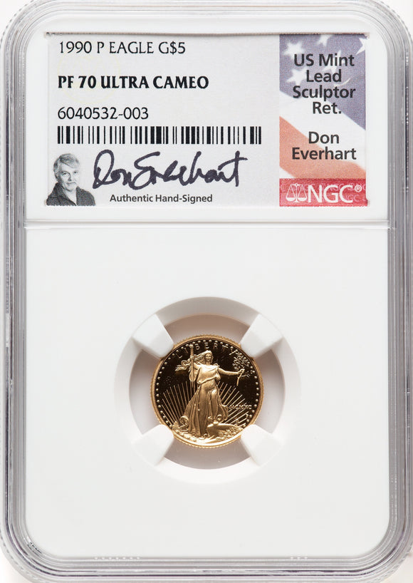 1990 P $5 Gold 1/10oz Eagle Proof NGC PF70 Ultra Cameo Don Everhart Hand Signed