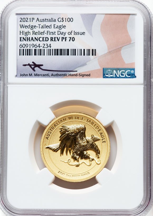 2021-P Gold Elizabeth II $100 NGC PR70 Wedge Tailed Eagle Enhanced Rev Proof FDI